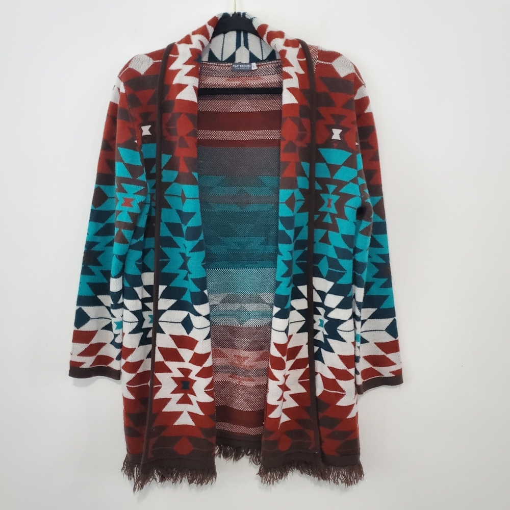 Earthbound Trading Co southwest open front long line cardigan fringe Size Medium